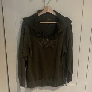 aerie Olive Zip-Neck Cowl Sweater